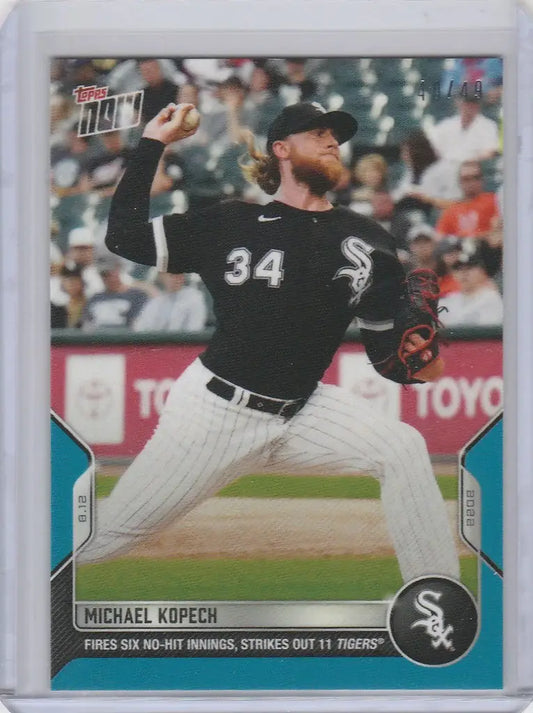 Baseball card of Michael Kopech Chicago White Sox pitcher mid-throw 40/49 edition