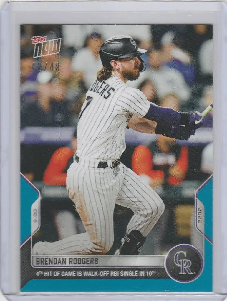 Baseball card of Brendan Rodgers mid-swing for Colorado Rockies 42/49 edition