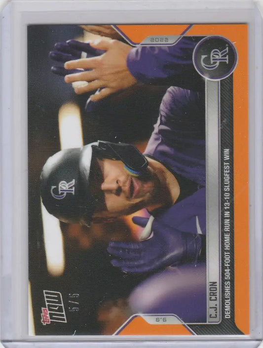 Baseball card of CJ Cron in purple uniform for Colorado Rockies 2022 Topps Now