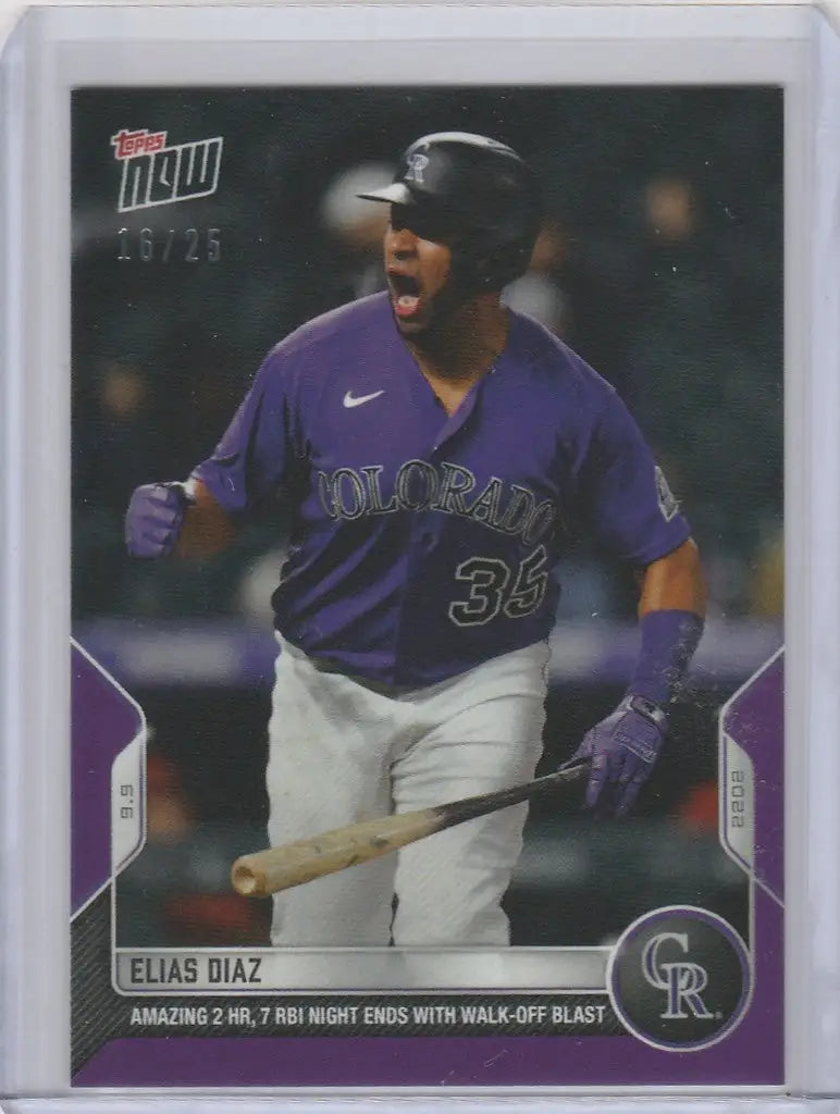 Baseball card of Elias Diaz celebrating in purple jersey for Colorado Rockies 16/25