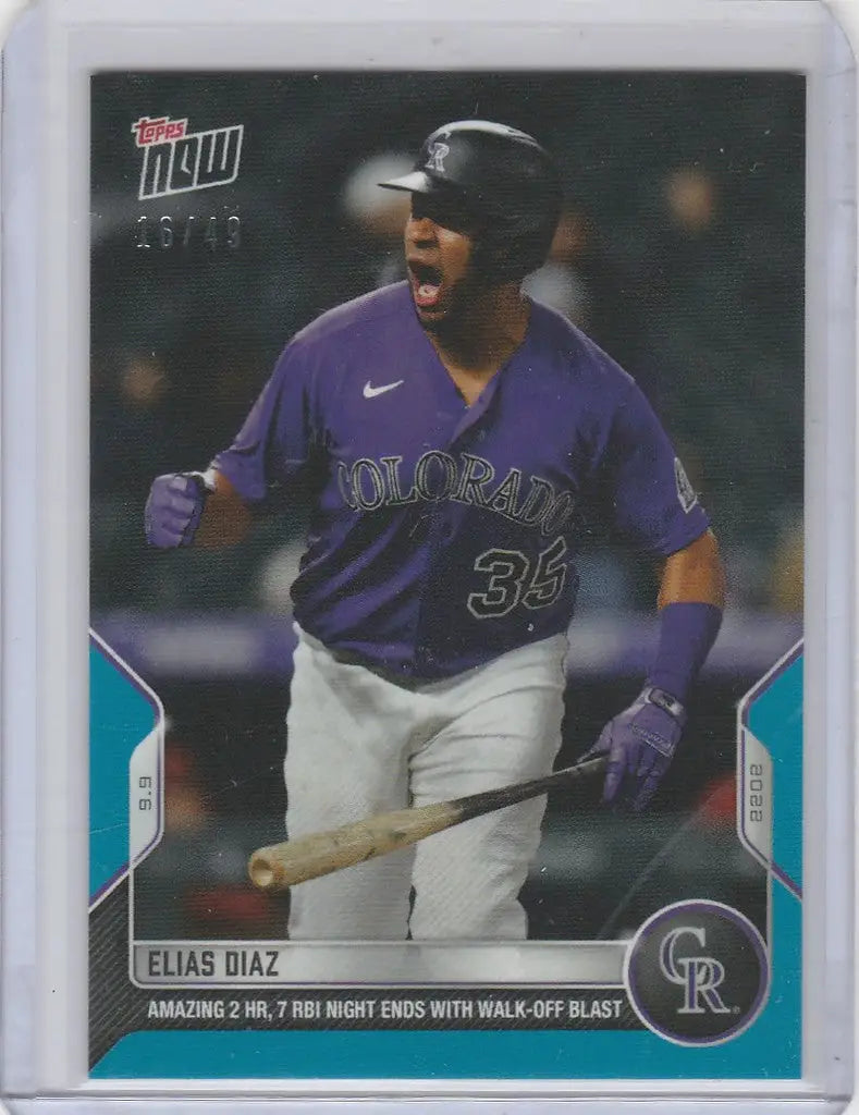 Baseball card of Elias Diaz Colorado in purple jersey for 2022 Topps Now Parallel 16/49