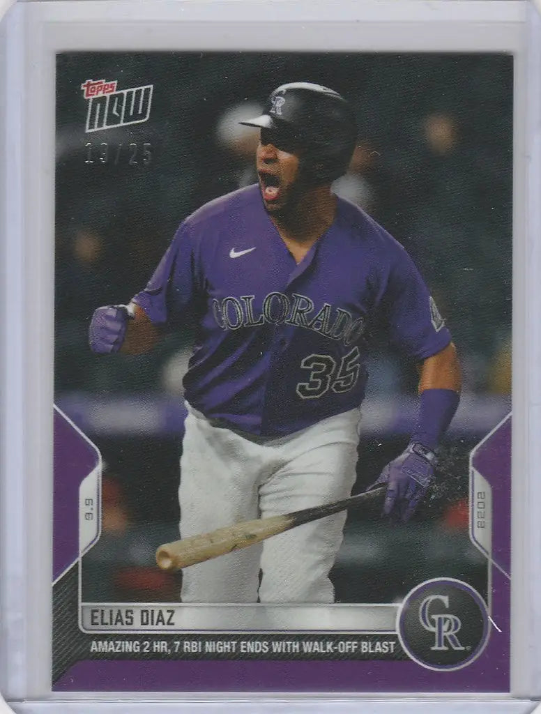 Baseball card of Elias Diaz Colorado Rockies player in purple jersey, 19/25 parallel