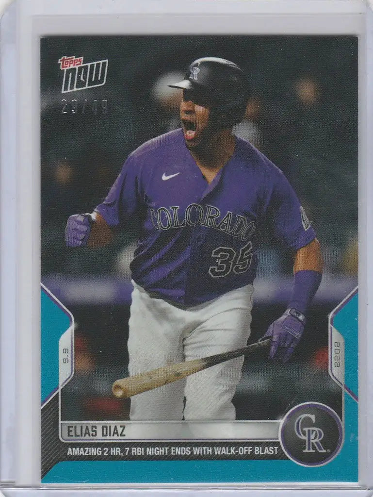 Baseball trading card of Elias Diaz Colorado Rockies player in purple jersey 29/49