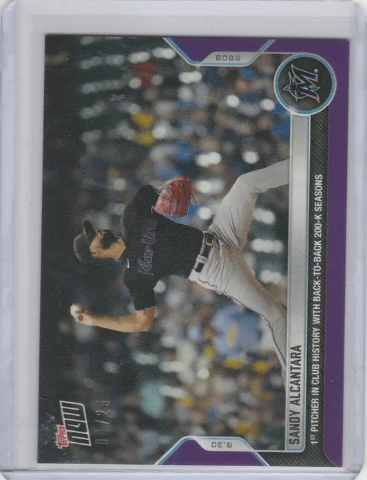 Baseball trading card of Sandy Alcantara Miami Marlins in mid-throw with purple border