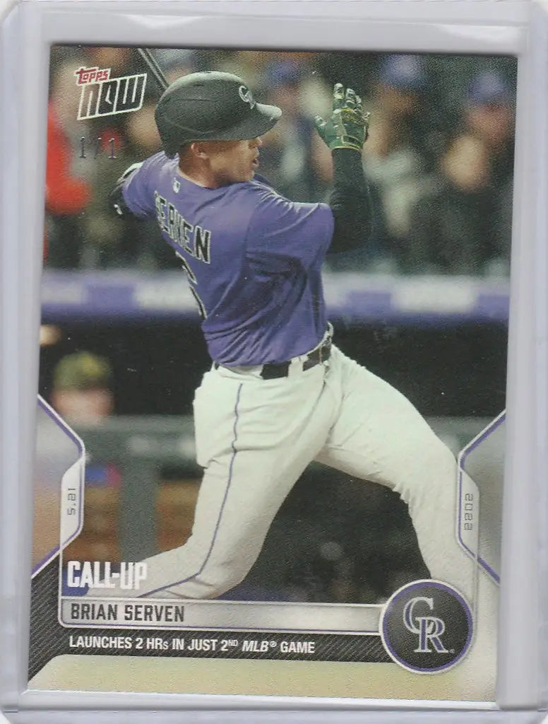 Baseball card of Brian Serven Colorado Rockies player mid-swing in rare foil edition