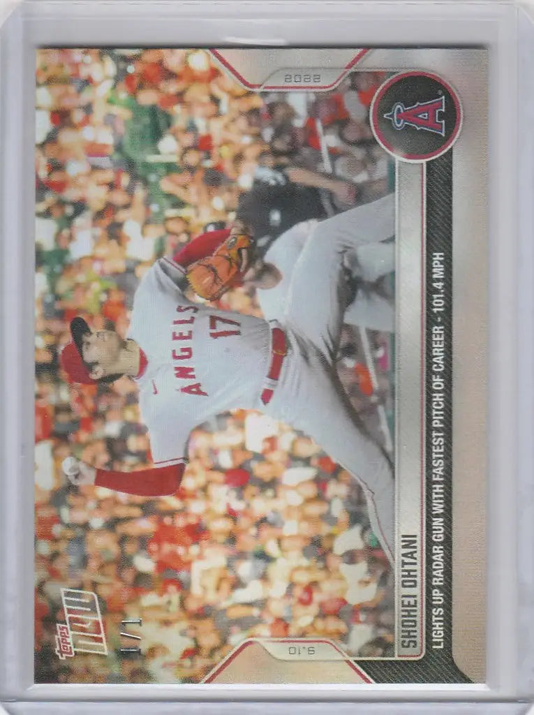 Baseball trading card of Shohei Ohtani pitching for the Los Angeles Angels in rainbow foil