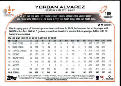 Yordan Alvarez baseball card 2022 Topps Opening Day #106 original gloss NM-MT Astros