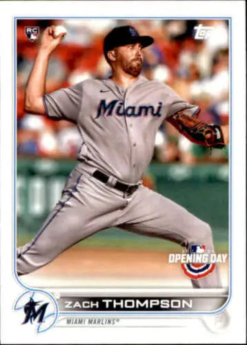 Baseball card featuring Zach Thompson Miami Marlins pitcher in gray road uniform mid-throw