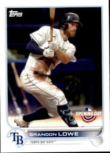 Topps baseball card of Tampa Bay Rays player Brandon Lowe in batting stance, original gloss