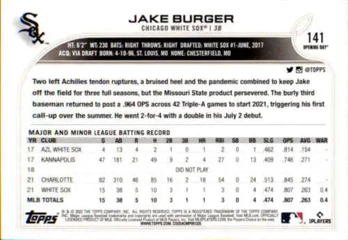 Jake Burger baseball card 2022 Topps Opening Day Rookie with original gloss finish