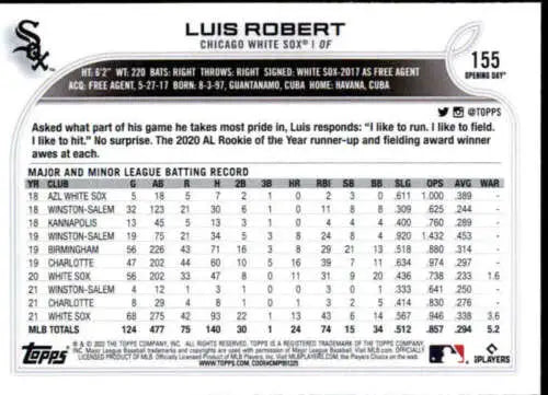 Luis Robert baseball card 2022 Topps Opening Day NM-MT for White Sox fans