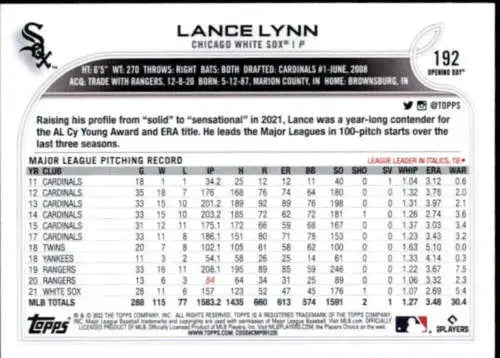 2022 Topps Opening Day #192 Lance Lynn baseball card in original gloss for White Sox fans