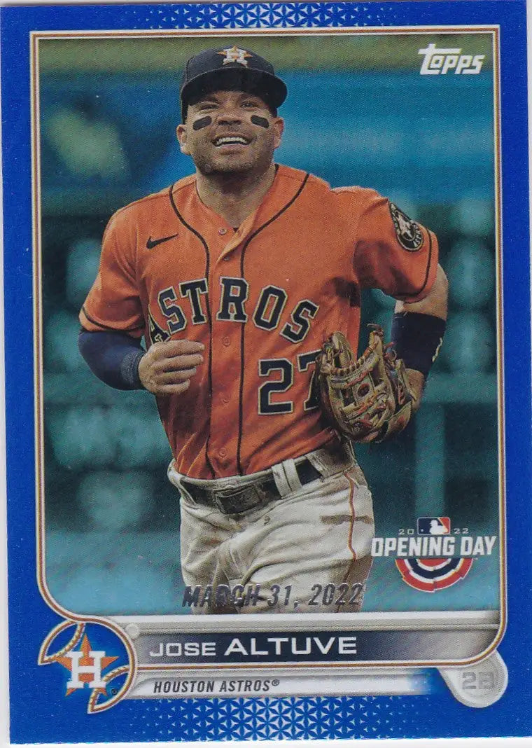 Jose Altuve Blue Foil baseball card in orange Houston Astros jersey from Topps Opening Day