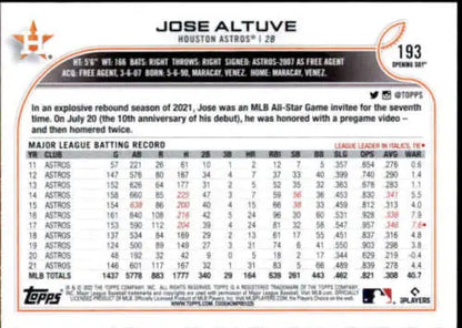 2022 Topps Opening Day #193 Jose Altuve NM-MT Astros with original gloss stats