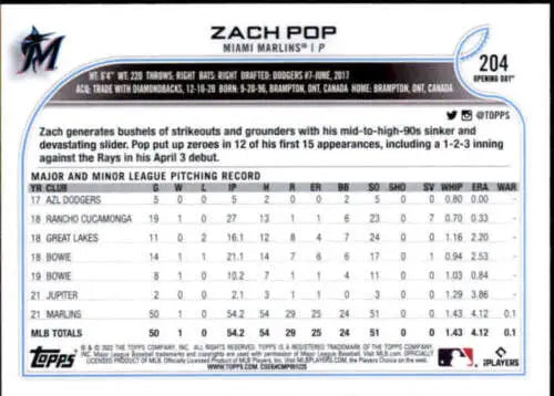 2022 Topps Opening Day #204 Zach Pop rookie card with player statistics and original gloss