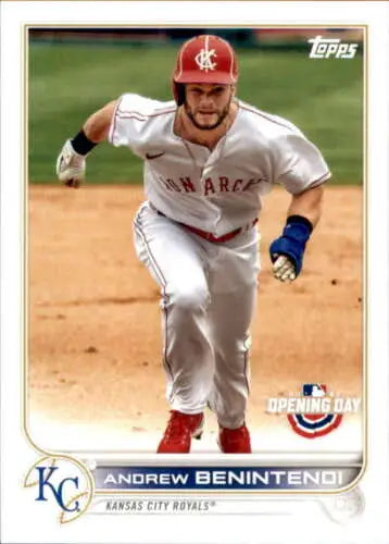 Baseball card of Andrew Benintendi running for the Kansas City Royals in original gloss