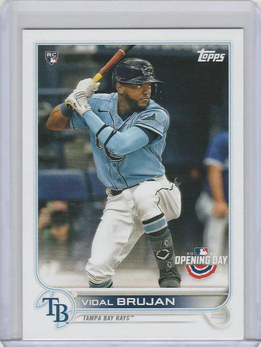 Baseball card of Vidal Brujan Tampa Bay Rays in light blue jersey from Topps Opening Day