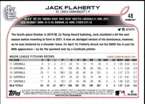 Jack Flaherty baseball card from 2022 Topps Opening Day in original gloss finish