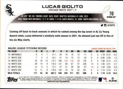 Back of 2022 Topps Opening Day #70 Lucas Giolito card showcasing original gloss details