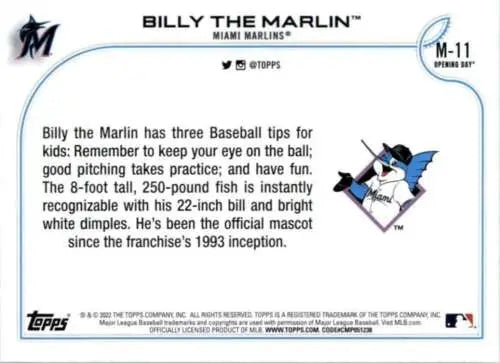 Billy the Marlin baseball card from 2022 Topps Opening Day, original gloss finish