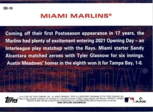 Baseball card highlighting Miami Marlins 2021 postseason details, Original Gloss finish