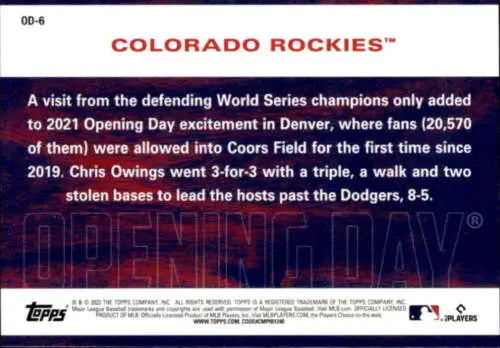 Baseball card of Colorado Rockies 2021 Opening Day game against Dodgers, original gloss