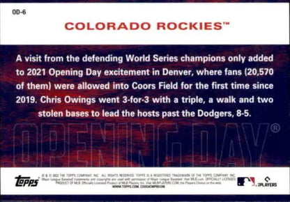 Baseball card of Colorado Rockies 2021 Opening Day game against Dodgers, original gloss