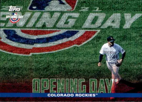 Baseball player in Colorado Rockies uniform with 2022 Topps Opening Day logo displayed