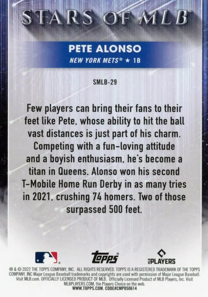 Back of 2022 Topps Pete Alonso Baseball card from MLB Insert New York Mets SMLB-29