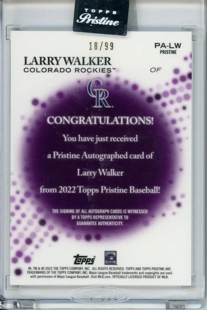 Topps Pristine autographed baseball card 10/99 of Larry Walker for Colorado Rockies