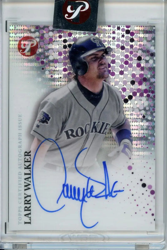 Signed Larry Walker Colorado Rockies baseball card in gray uniform from 2022 Topps Pristine