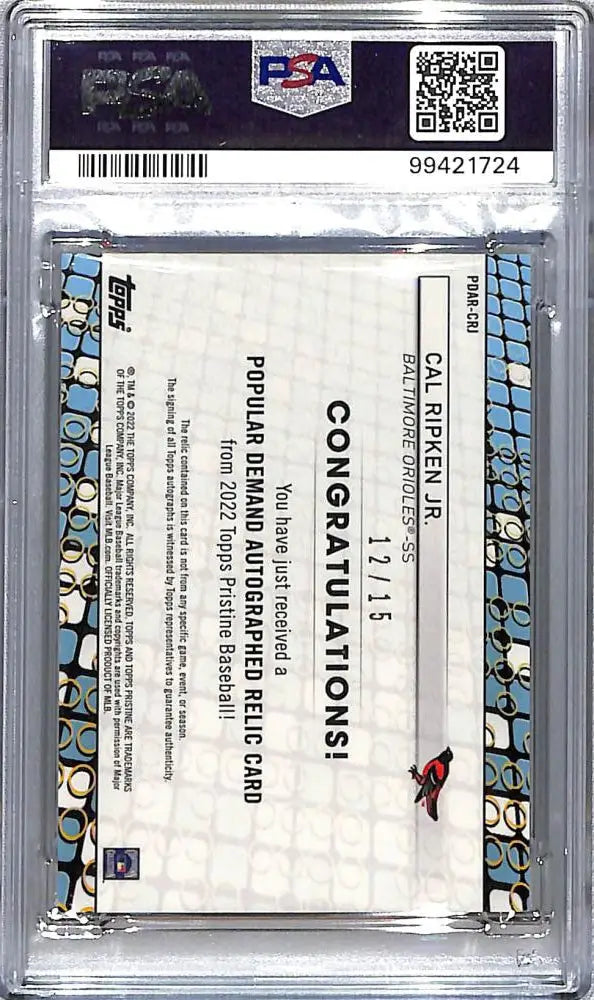 Graded Cal Ripken Jr. card in protective case with QR code from Topps Pristine Popular Demand