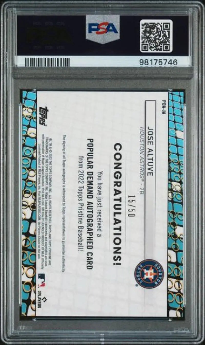 PSA-graded congratulations card for 2022 Topps Pristine Jose Altuve Refractor Gold GEM MINT