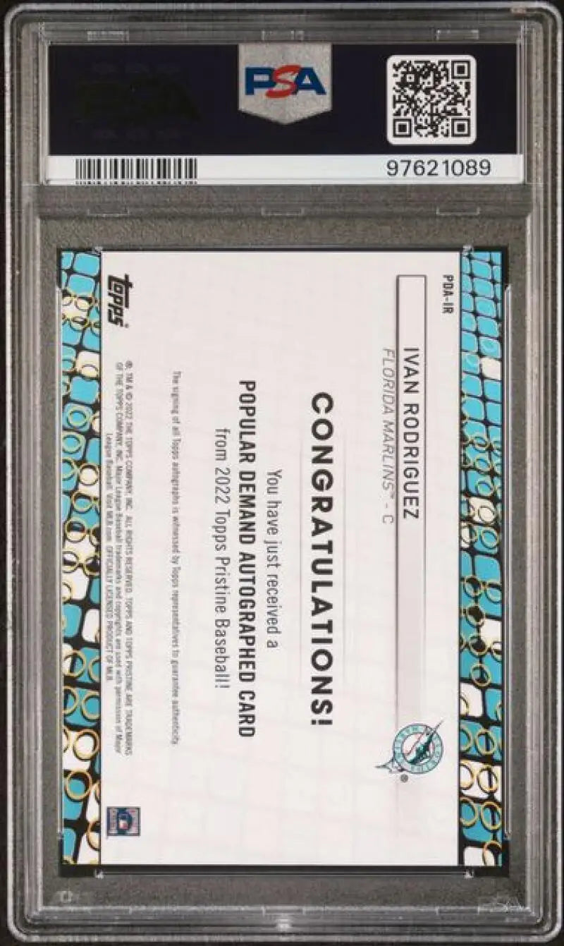 PSA graded holder with QR code for Ivan Rodriguez Florida Marlins GEM MINT card