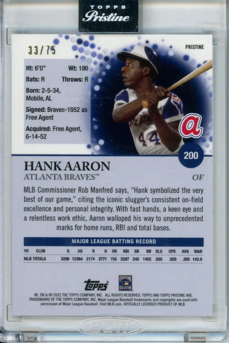 Hank Aaron Atlanta Braves Baseball Card 2022 Topps Pristine Refractor in dark uniform 44