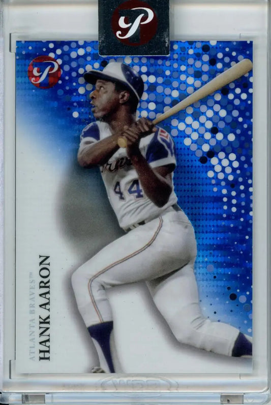 Baseball trading card of Hank Aaron in white uniform, showcasing Topps Pristine Refractor design