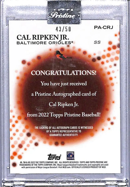 Back side of Cal Ripken Jr. limited edition 43/50 Topps Pristine Refractor Gold card