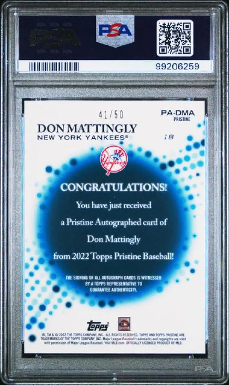 PSA 10 GEM MINT Don Mattingly 2022 Topps Pristine Refractor Gold Auto New York Yankees Card