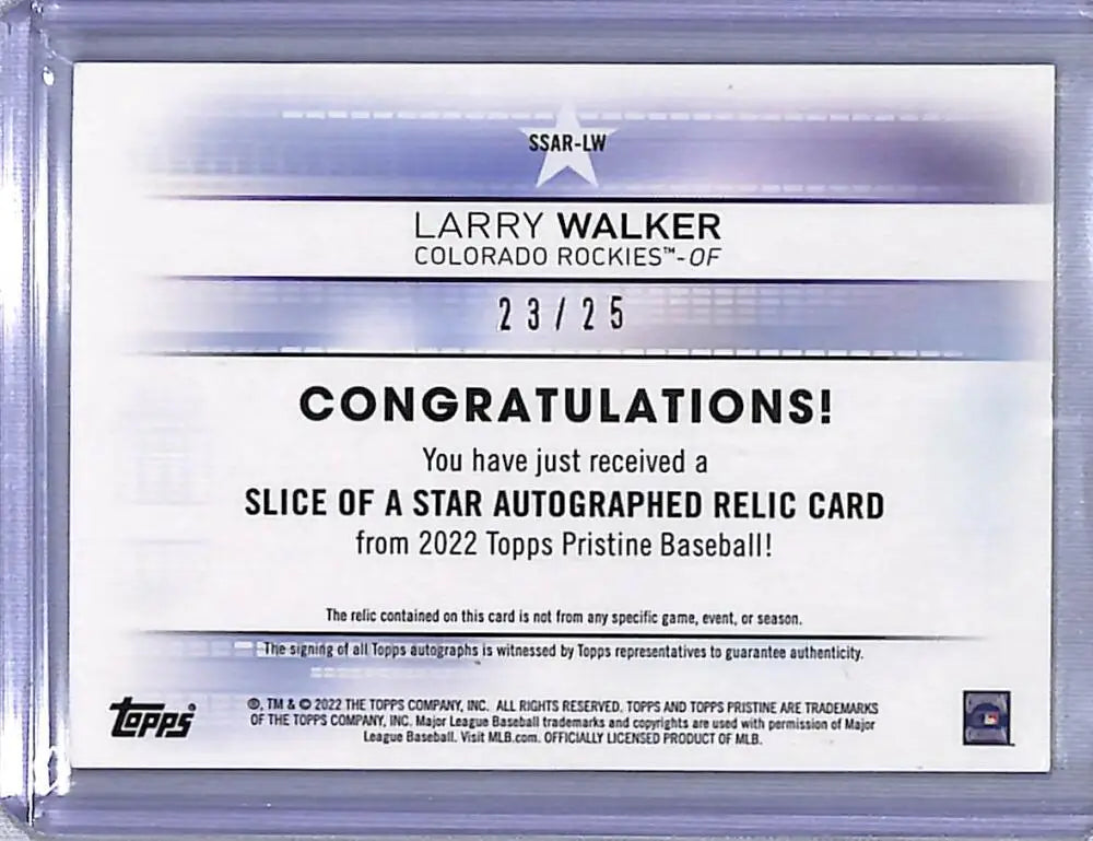 Congratulatory message card from 2022 Topps Pristine Slice of a Star Larry Walker 23/25