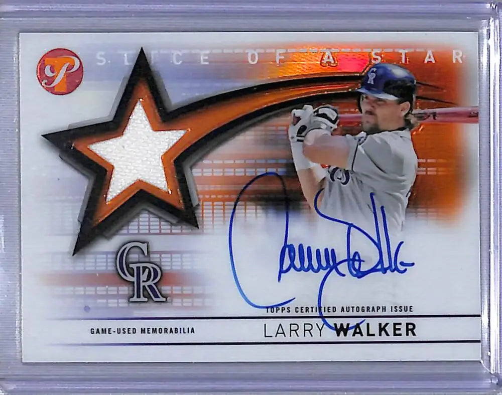 Signed Larry Walker Topps Pristine Slice of a Star baseball card with game-used jersey patch