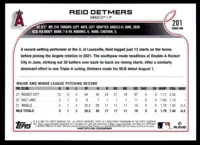 Reid Detmers baseball card from 2022 Topps Rookie Los Angeles Angels #201