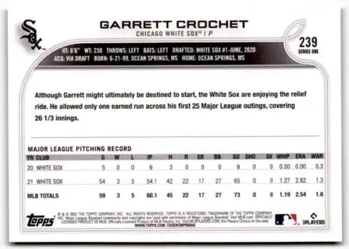 Back of 2022 Topps Royal Blue #239 Garrett Crochet NM-MT White Sox baseball card