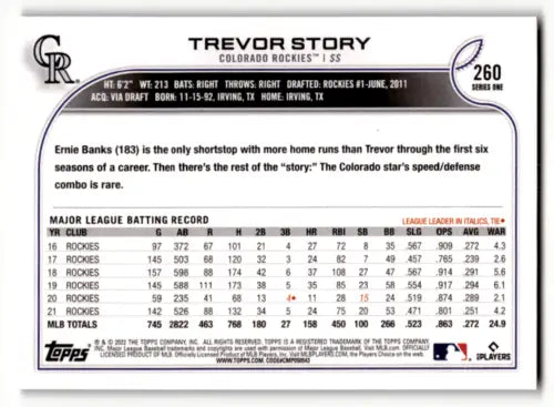 Trevor Story baseball card from 2022 Topps Royal Blue #260 in NM-MT condition