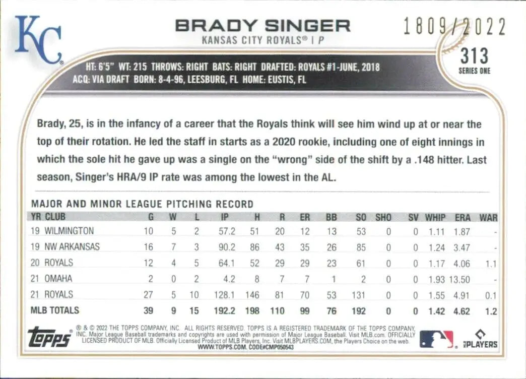 Brady Singer Gold 2022 Topps Series 1 Kansas City Royals Baseball Card #313