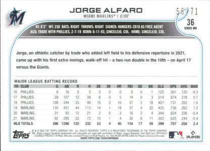 Jorge Alfaro Black 2022 Topps Series 1 Miami Marlins MLB Baseball Card #36