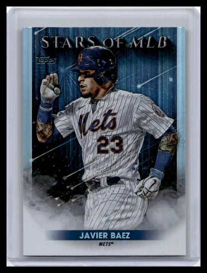 Baseball card of Javier Baez in pinstripe uniform for New York Mets