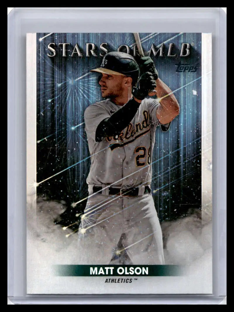 Matt Olson batting on a baseball card for the Oakland Athletics 2022 Topps series