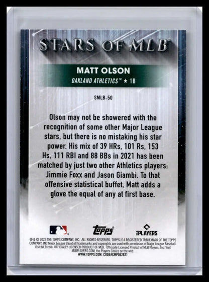 Back side of 2022 Topps Baseball Card showing MLB stats for Matt Olson, Oakland Athletics