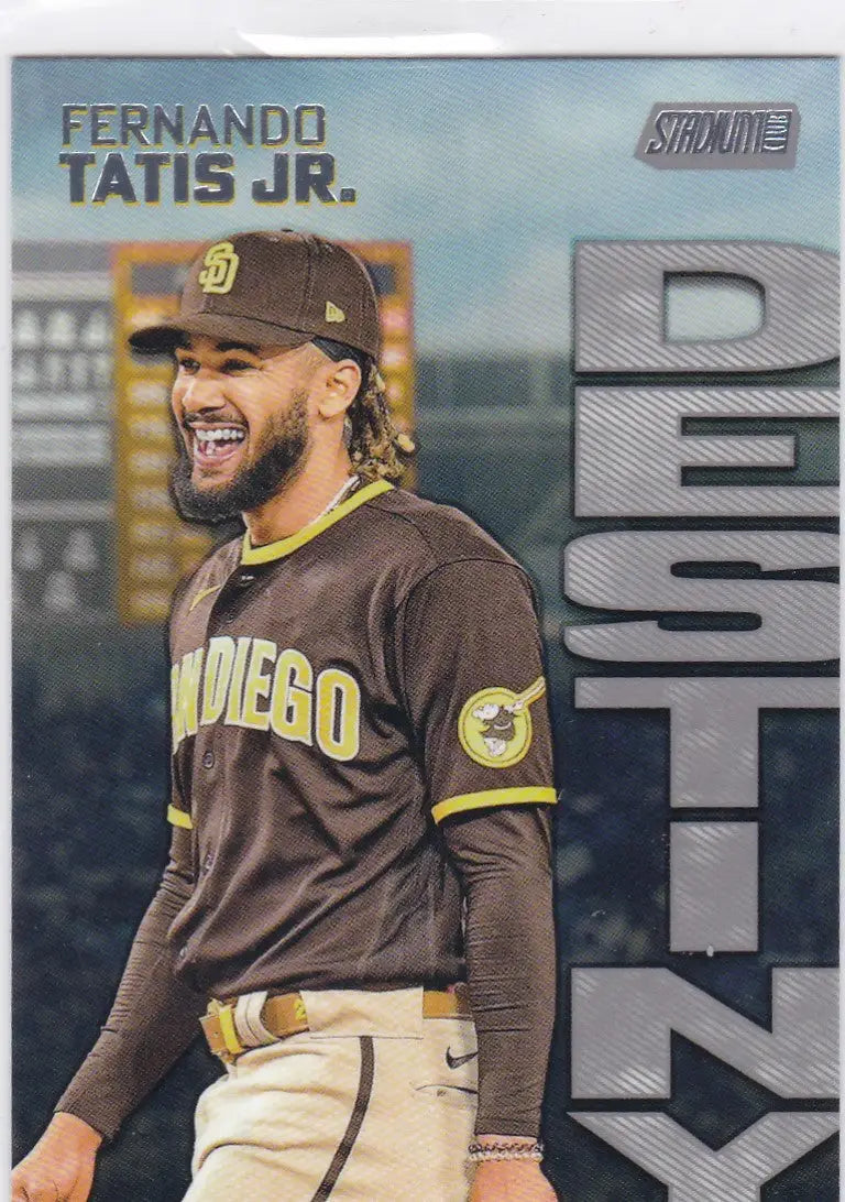 Baseball card of Fernando Tatis Jr. in brown uniform for Topps Stadium Club San Diego Padres