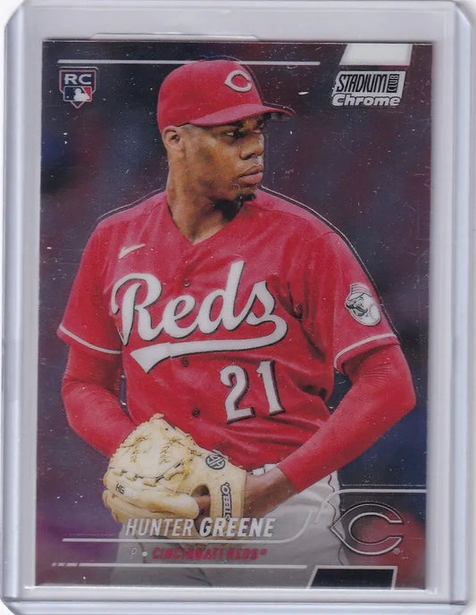 Baseball card of Hunter Greene Cincinnati Reds in Topps Stadium Club Chrome jersey number 21